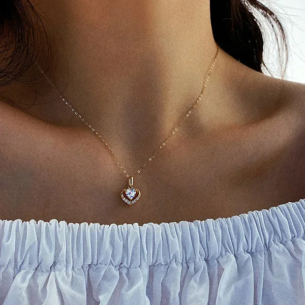 925 Sterling Silver Zircon Heart 18K Gold Chain Choker Necklace