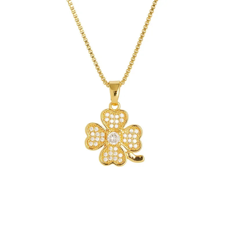 Real 14k Gold Color Clover Pendant with Zircon Box Necklace Chain for Women Luxury Jewelry Clavicle Chain Fine Jewelry Gifts