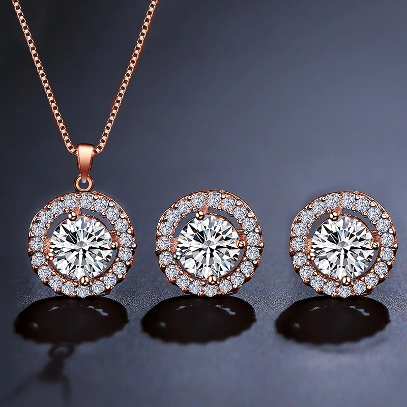 Geometric Round Zircon Pendant Necklace for Women – Clear AAA Zirconia Crystal Charm Chain Jewellery Set