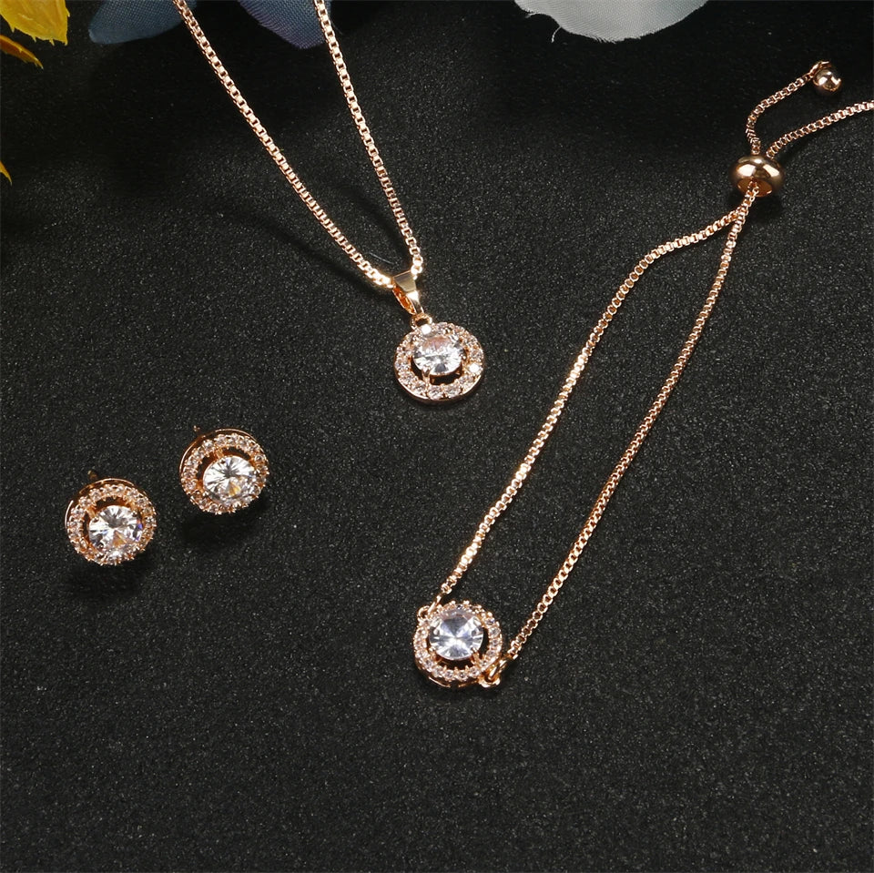 Geometric Round Zircon Pendant Necklace for Women – Clear AAA Zirconia Crystal Charm Chain Jewellery Set