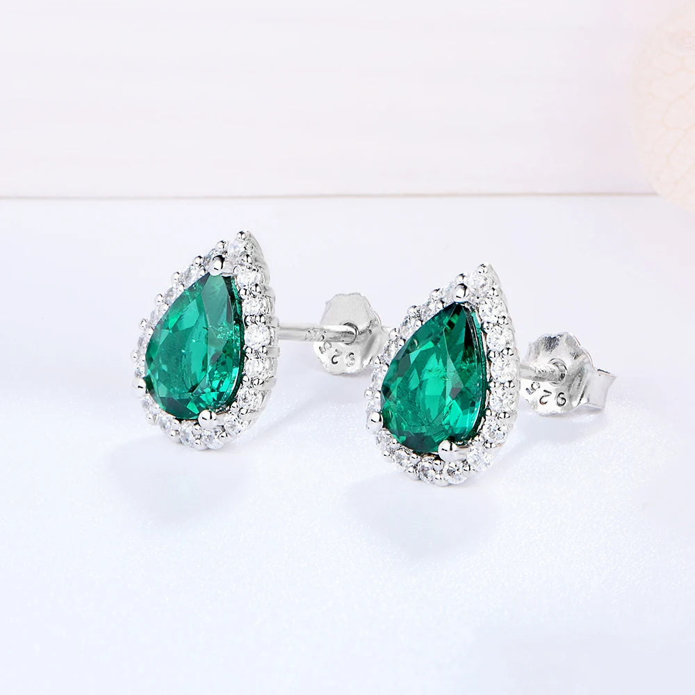 Pear Emerald Gemstone Jewellery Set for Women – S925 Sterling Silver Necklace & Stud Earrings, Elegant Wedding Gift