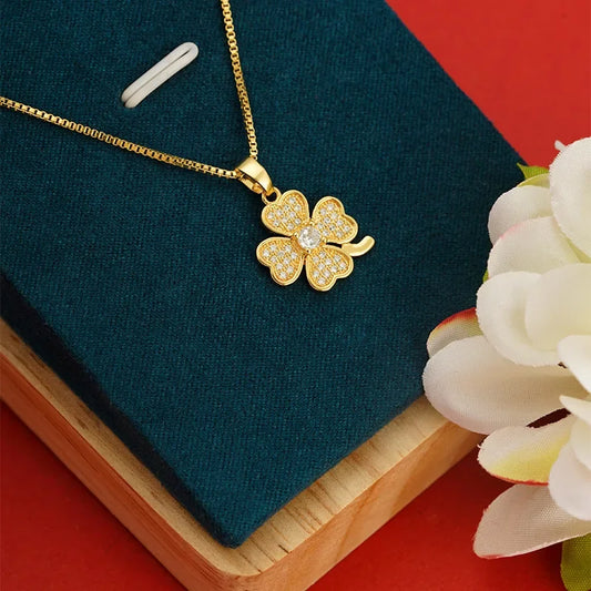 Real 14k Gold Color Clover Pendant with Zircon Box Necklace Chain for Women Luxury Jewelry Clavicle Chain Fine Jewelry Gifts