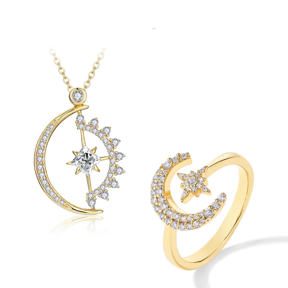 Elegant Moon and Stars Moissanite Jewellery Set for Women – D Colour Necklace, VVS1 Diamond Rings, S925 Sterling Silver, Pass Test