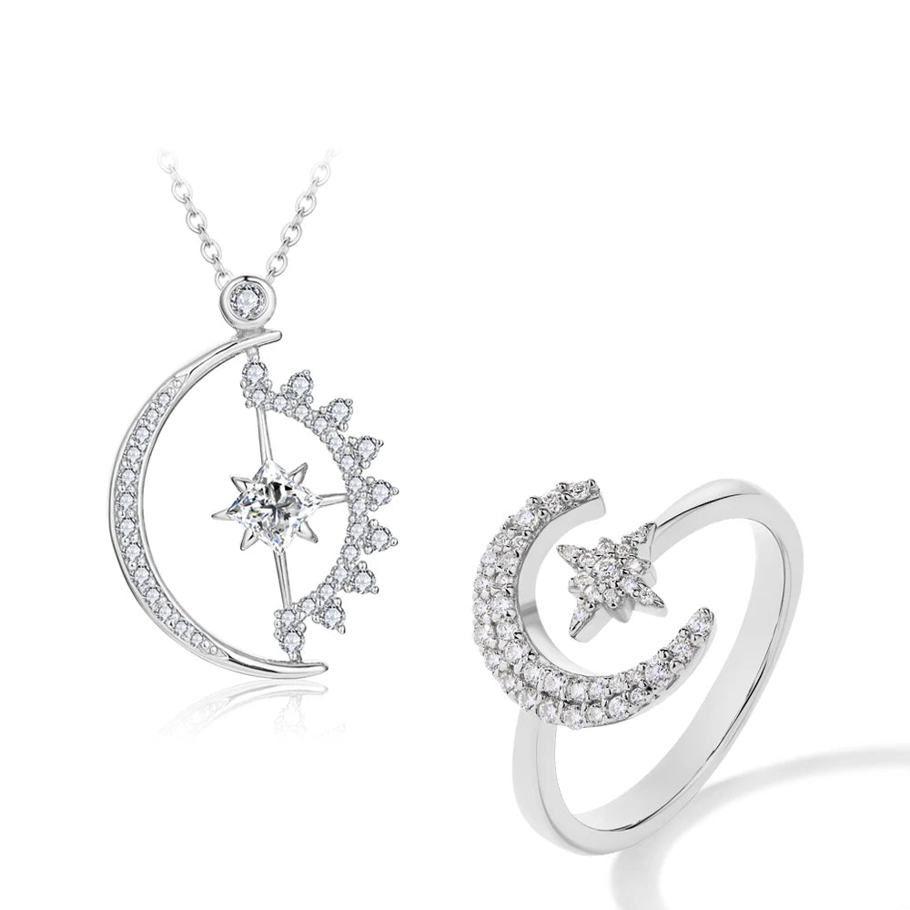 Elegant Moon and Stars Moissanite Jewellery Set for Women – D Colour Necklace, VVS1 Diamond Rings, S925 Sterling Silver, Pass Test