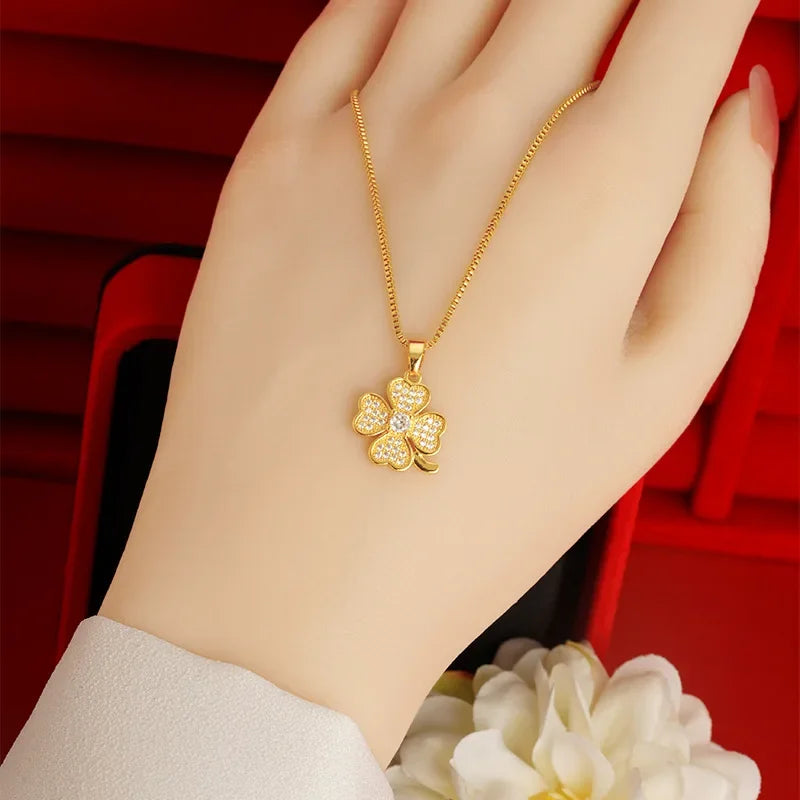 Real 14k Gold Color Clover Pendant with Zircon Box Necklace Chain for Women Luxury Jewelry Clavicle Chain Fine Jewelry Gifts