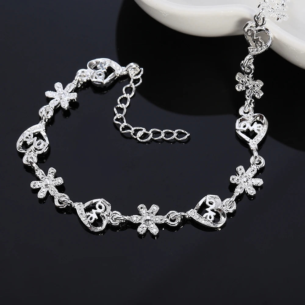 Hot Charm Women luxury Jewelry 925 Sterling Silver Flowers LOVE heart Chain Bracelets Fashion Wedding Party Christmas Gifts