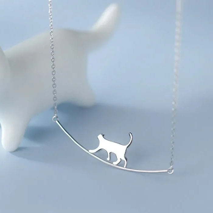 New Fashion Simple Personality 925 Sterling Silver Jewelry Cute Animal Walking Cat Clavicle Chain Necklace for women