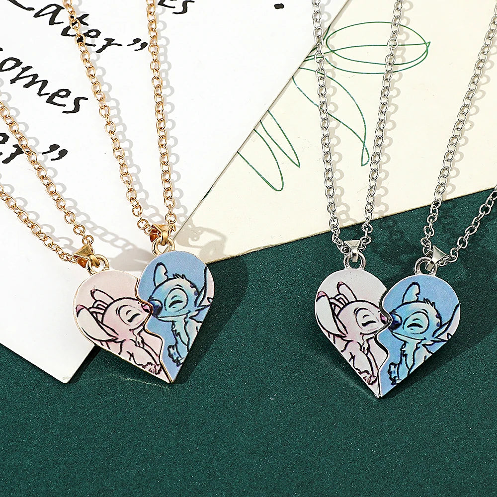 Disney Stitch Heart Necklace for Couples – Gold & Silver Colour, Angel & Stitch Design, Cute Pendant Jewellery