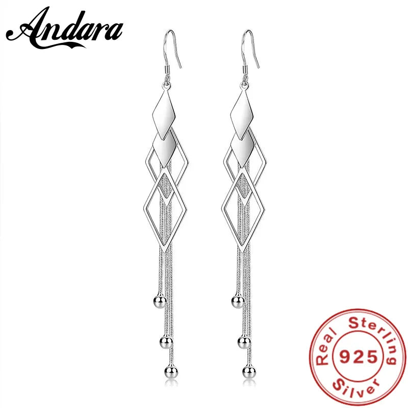 Sterling Silver Long Earrings Diamond-Shaped Geometric Earrings For Women's Wedding Charm Jewellery Gifts